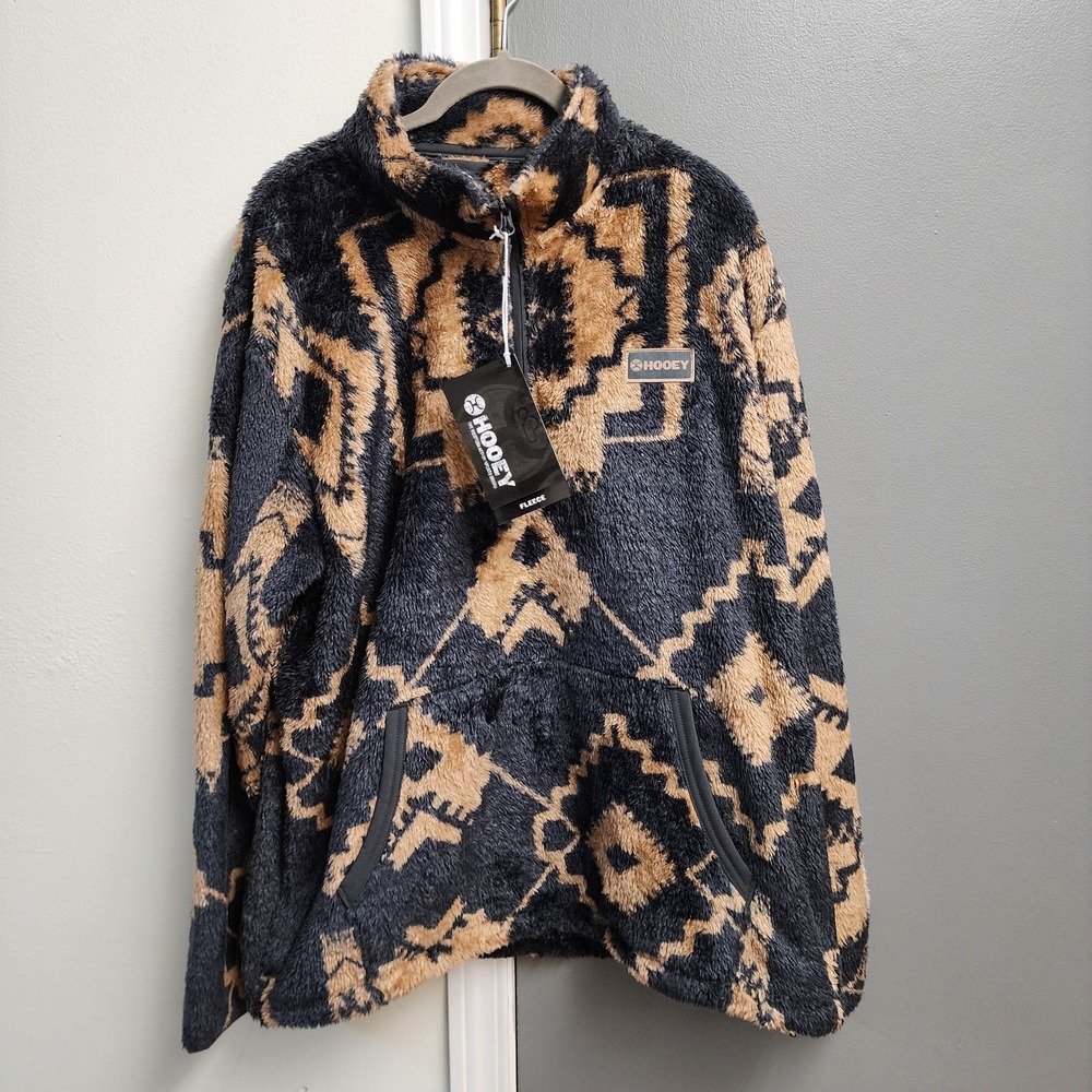 Hooey Pullover Sweater NWT XL Black Brown Aztec Western 1/4 Zip Furry Fleece